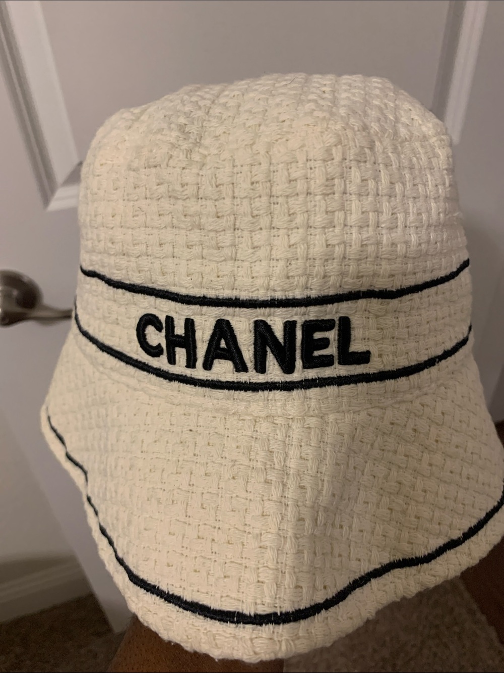 CHANEL Ivory Tweed Bucket Hat with Black Trim and CC Logo
